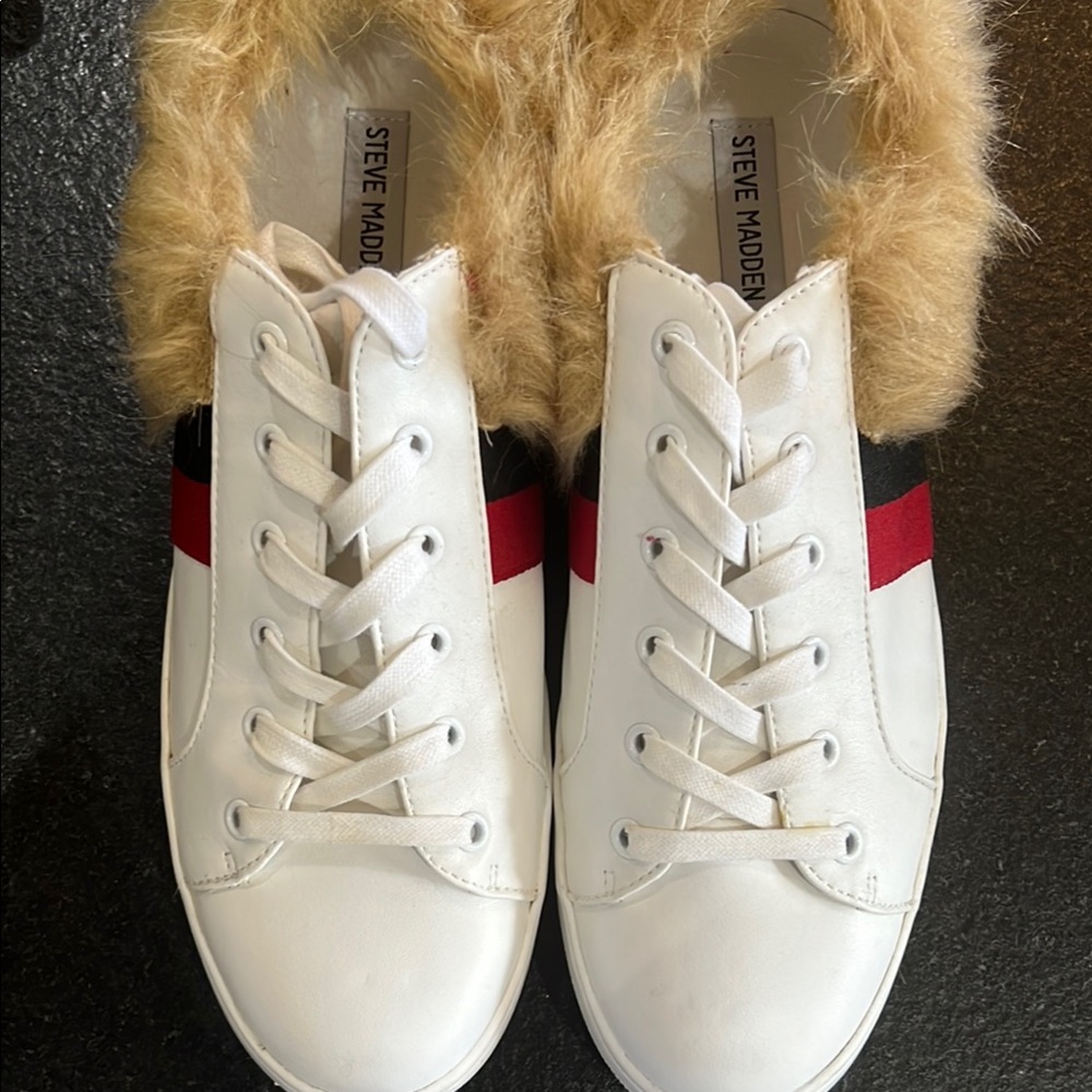 Steve Madden White and Red Sneakers with Fur Trim